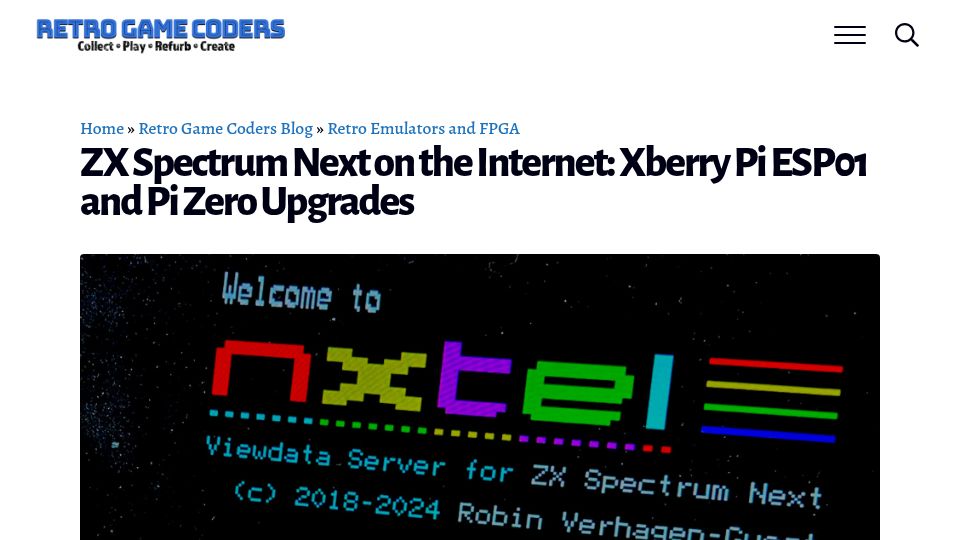 Screenshot of retrogamecoders.com: ZX Spectrum Next on the Internet: Xberry Pi ESP01 and Pi Zero Upgrades