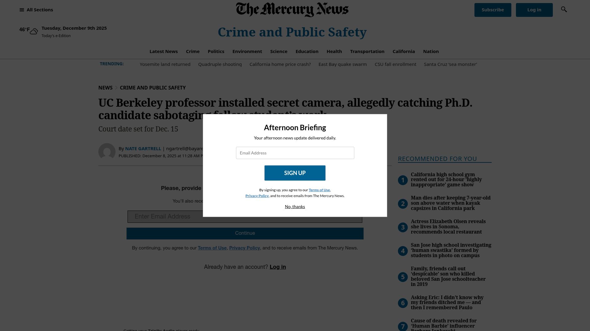 Screenshot of mercurynews.com: Berkeley professor's camera caught student allegedly sabotaging another student