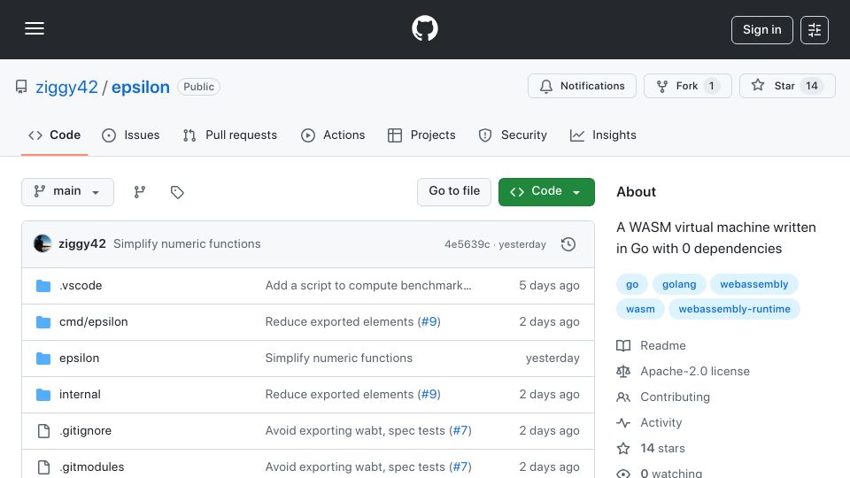 Screenshot of github.com: Epsilon: A WASM virtual machine written in Go