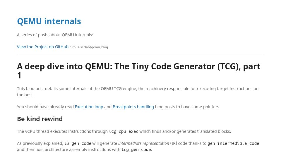 Screenshot of airbus-seclab.github.io: A deep dive into QEMU: The Tiny Code Generator (TCG), part 1 (2021)
