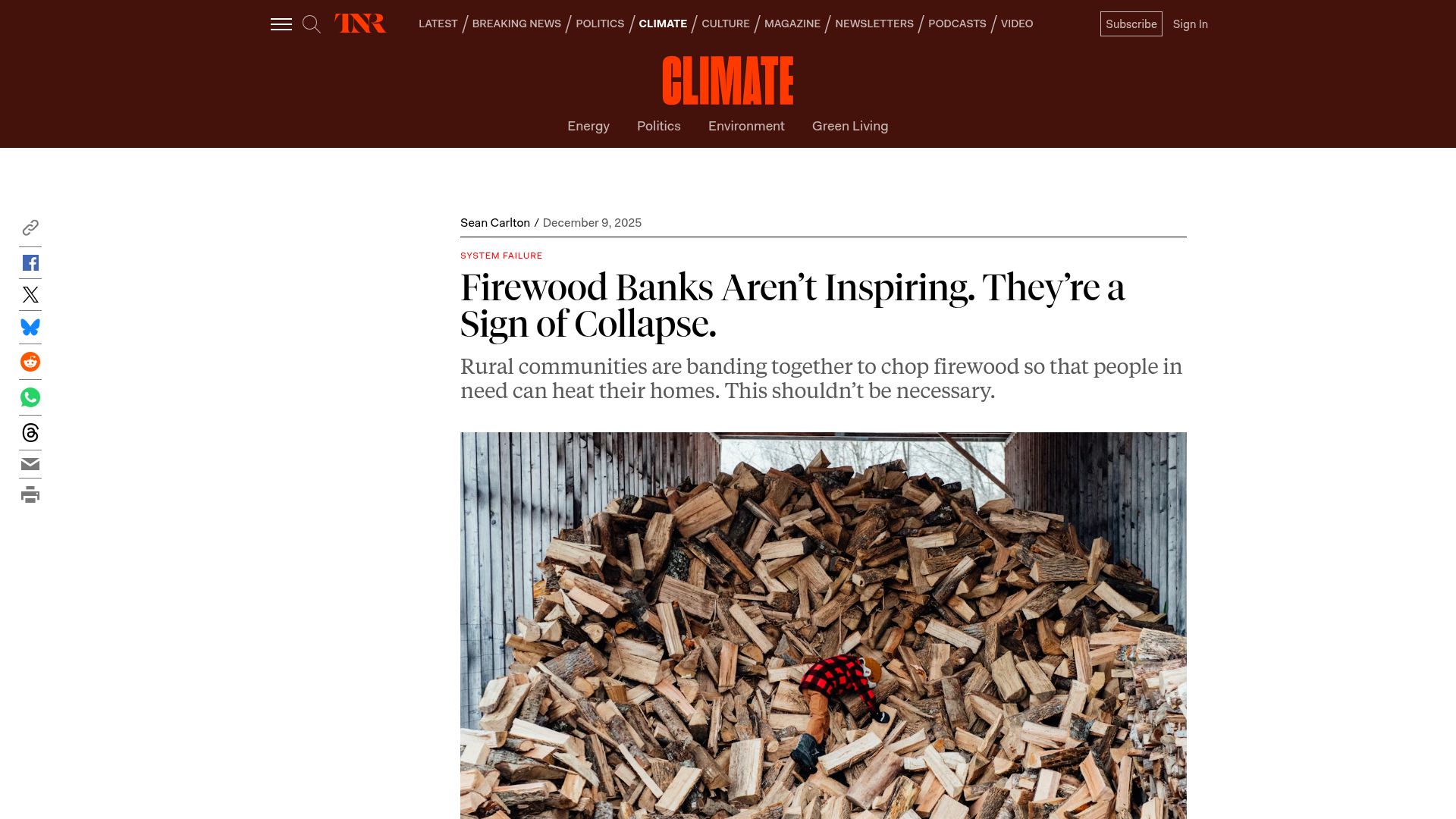 Screenshot of newrepublic.com: Firewood Banks Aren't Inspiring. They're a Sign of Collapse