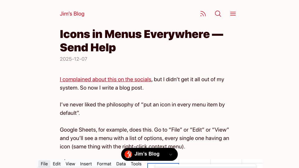 Screenshot of blog.jim-nielsen.com: Icons in Menus Everywhere – Send Help