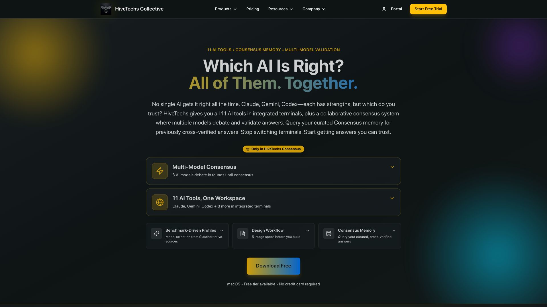 Screenshot of hivetechs.io: Show HN: I got tired of switching AI tools, so I built an IDE with 11 of them