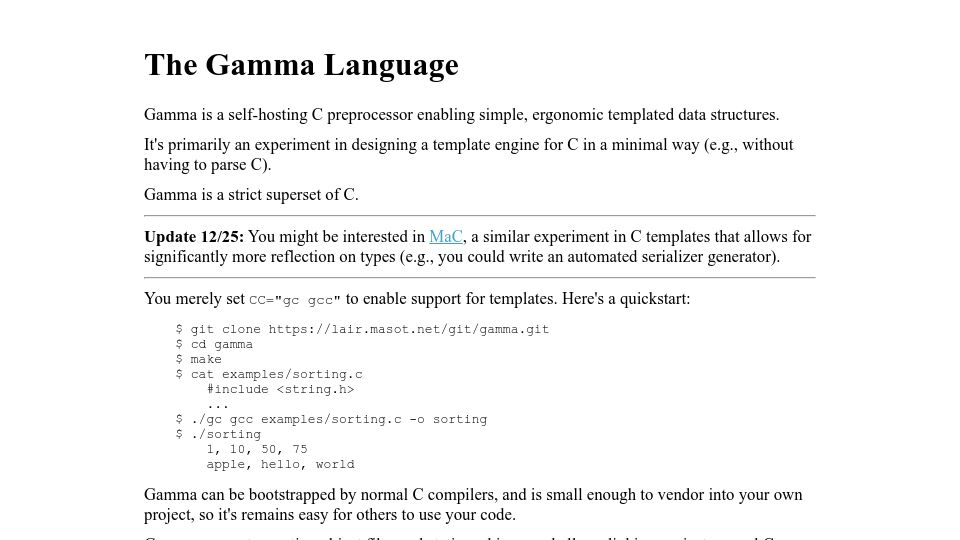 Screenshot of lair.masot.net: The Gamma Language