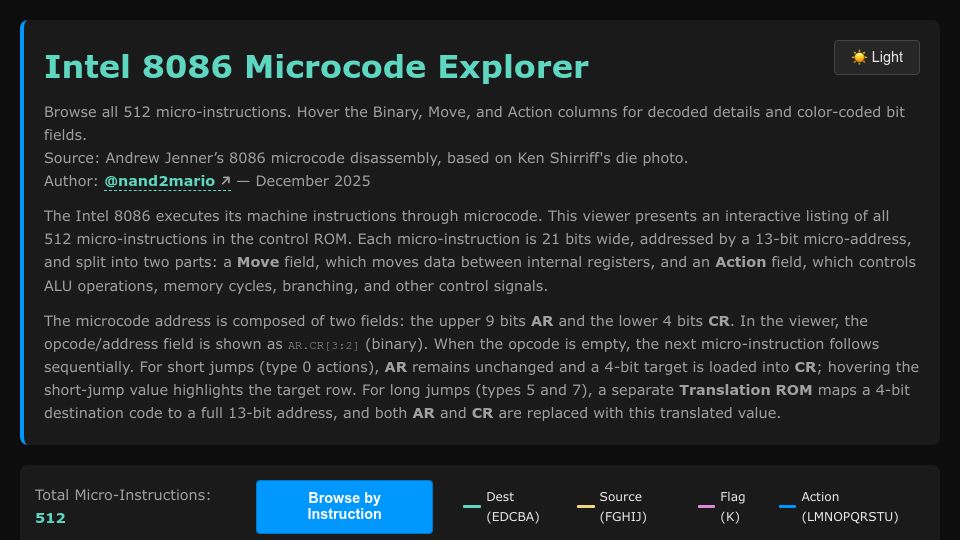 Screenshot of nand2mario.github.io: Intel 8086 Microcode Explorer