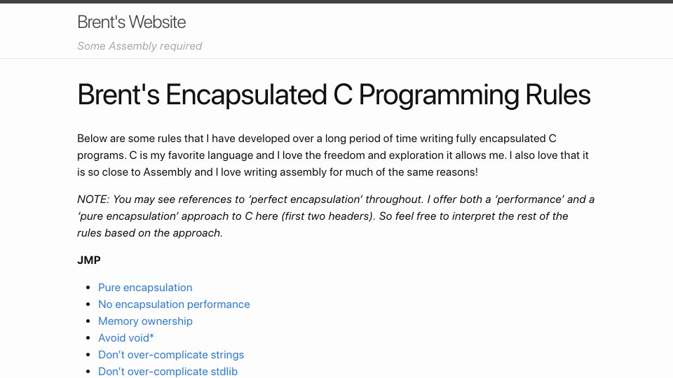 Screenshot of retroscience.net: Brent's Encapsulated C Programming Rules (2020)