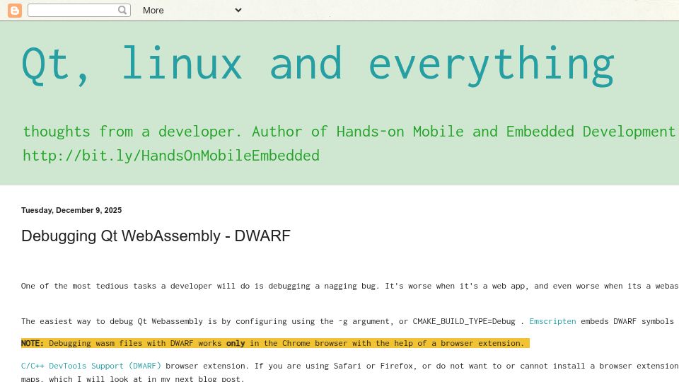 Screenshot of qtandeverything.blogspot.com: Qt, Linux and everything: Debugging Qt WebAssembly