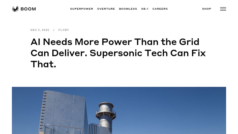 Screenshot of boomsupersonic.com: A supersonic engine core makes the perfect power turbine