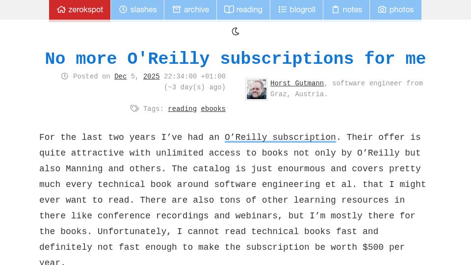 Screenshot of zerokspot.com: No more O'Reilly subscriptions for me