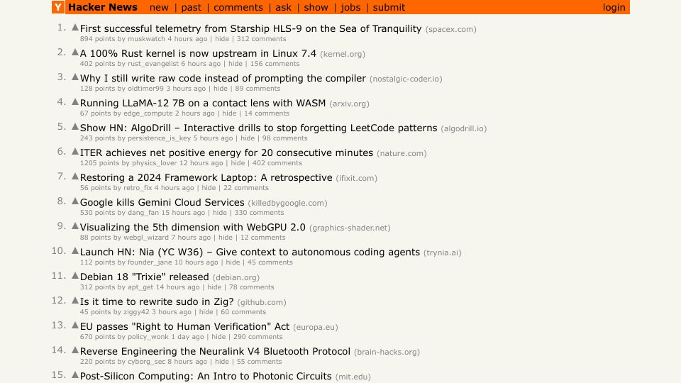 Screenshot of dosaygo-studio.github.io: Show HN: Gemini Pro 3 imagines the HN front page 10 years from now