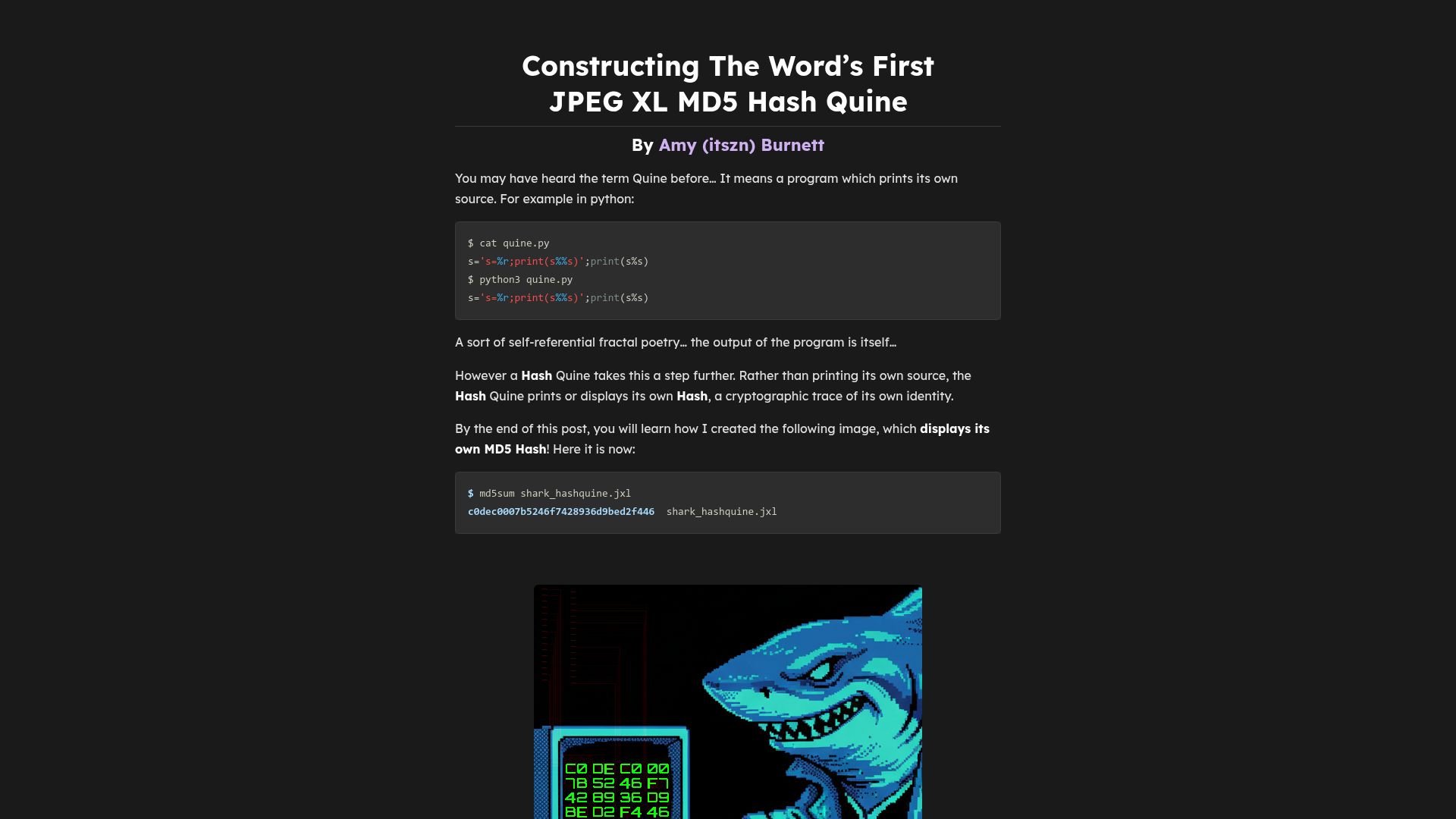 Screenshot of stackchk.fail: Constructing the Word's First JPEG XL MD5 Hash Quine