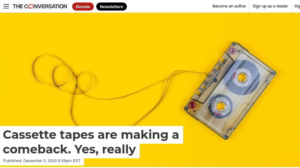 Screenshot of theconversation.com: Cassette tapes are making a comeback?