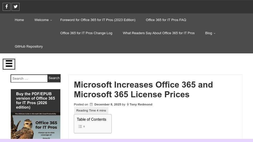Screenshot of office365itpros.com: Microsoft increases Office 365 and Microsoft 365 license prices