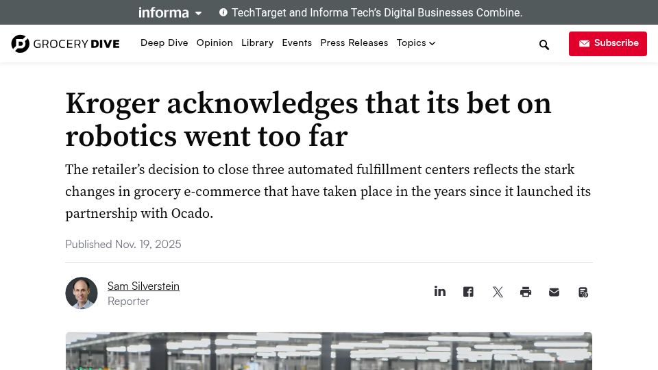 Screenshot of grocerydive.com: Kroger acknowledges that its bet on robotics went too far