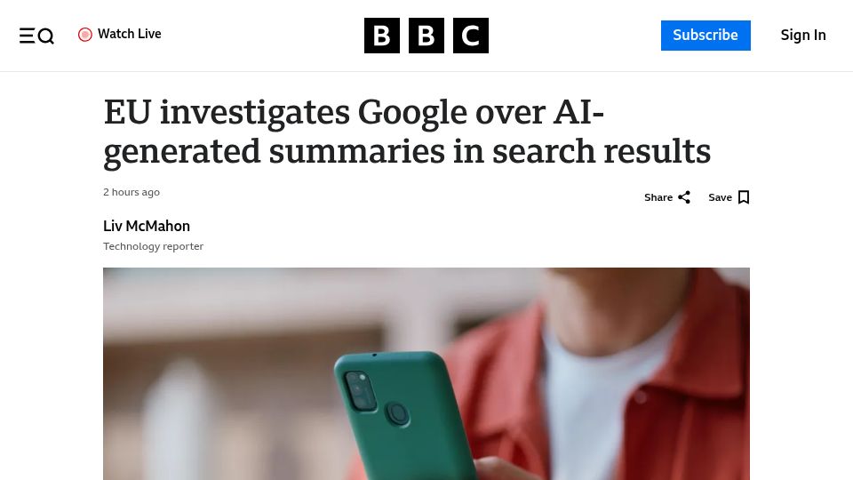 Screenshot of bbc.com: EU investigates Google over AI-generated summaries in search results