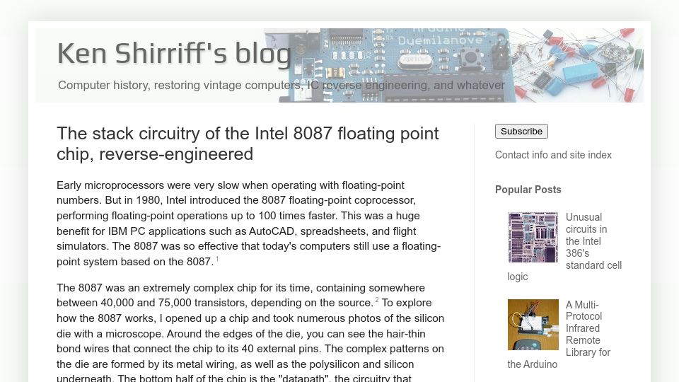 Screenshot of righto.com: The stack circuitry of the Intel 8087 floating point chip, reverse-engineered