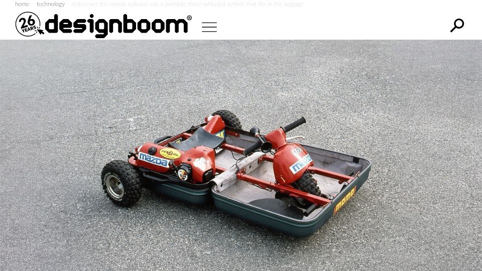 Screenshot of designboom.com: Mazda suitcase car, a portable three-wheeled vehicle that fits in the luggage