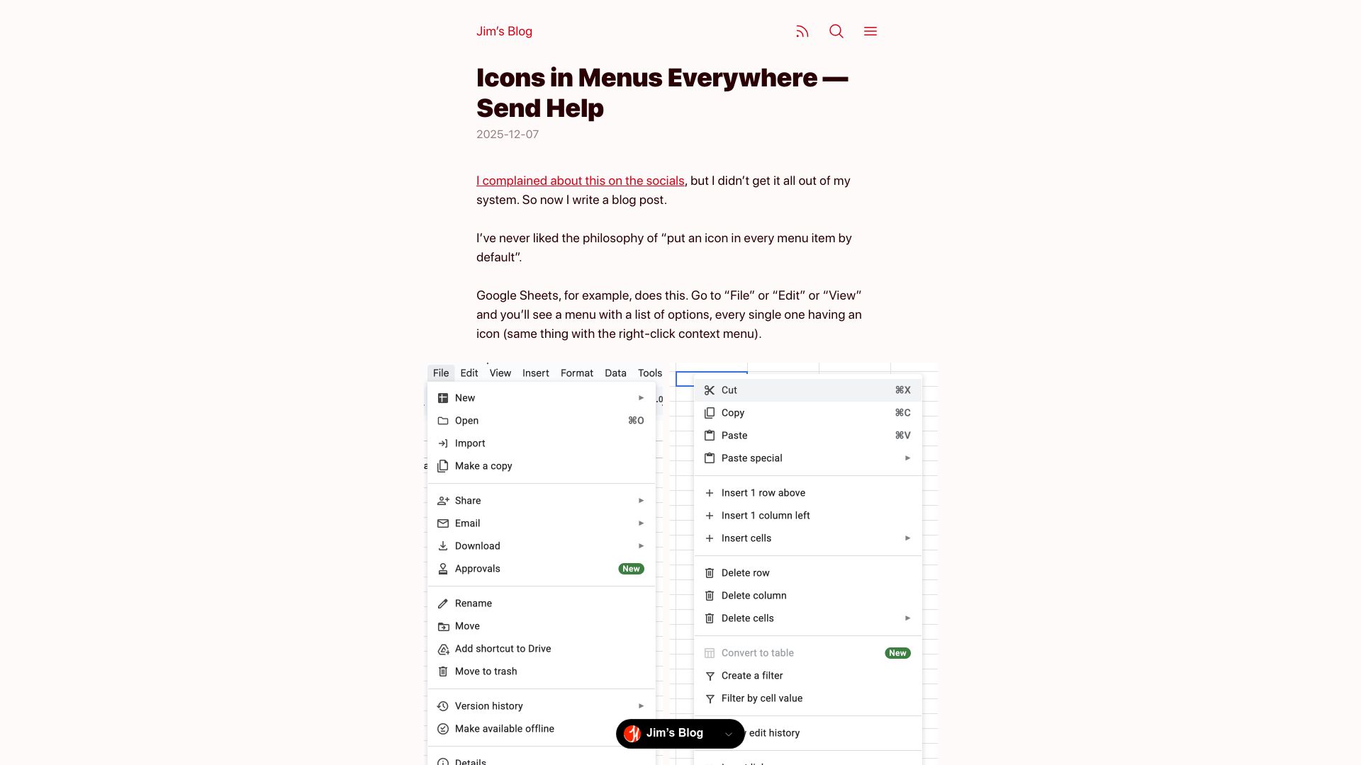 Screenshot of blog.jim-nielsen.com: Icons in Menus Everywhere – Send Help