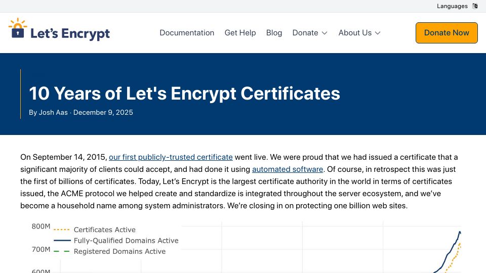 Screenshot of letsencrypt.org: 10 Years of Let's Encrypt