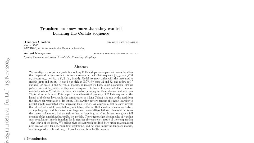 Screenshot of arxiv.org: Transformers know more than they can tell: Learning the Collatz sequence