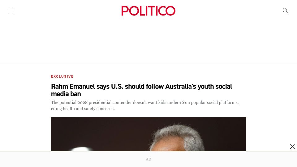 Screenshot of politico.com: Rahm Emanuel says U.S. should follow Australia's youth social media ban