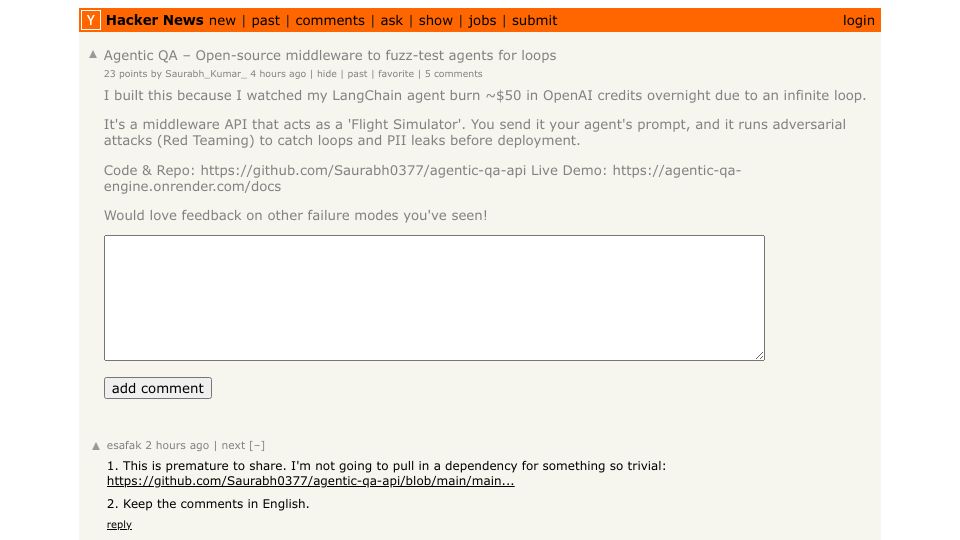 Screenshot of Hacker News post: Agentic QA – Open-source middleware to fuzz-test agents for loops