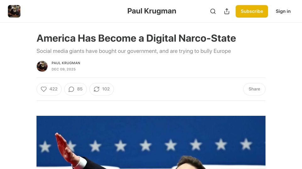 Screenshot of paulkrugman.substack.com: America Has Become a Digital Narco-State