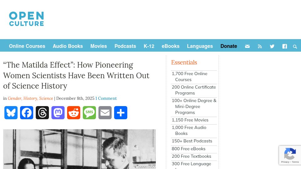 Screenshot of openculture.com: “The Matilda Effect”: Pioneering Women Scientists Written Out of Science History