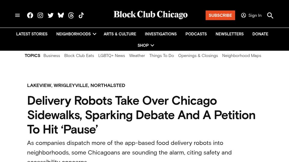 Screenshot of blockclubchicago.org: Delivery robots take over Chicago sidewalks