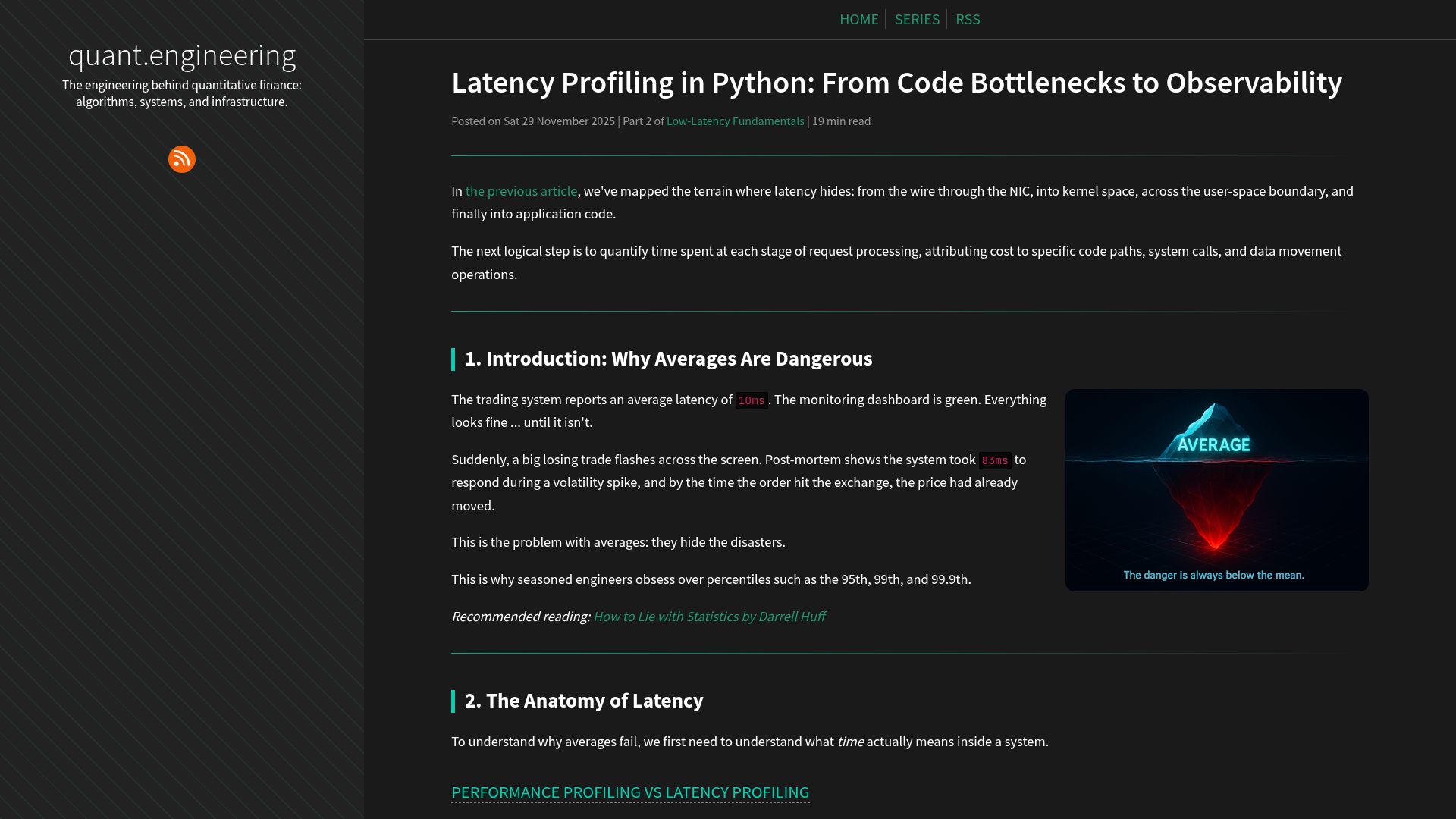 Screenshot of quant.engineering: Latency Profiling in Python: From Code Bottlenecks to Observability