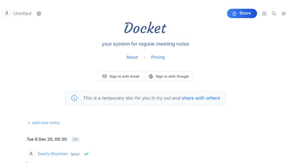 Screenshot of withdocket.com: Show HN: I built a system for active note-taking in regular meetings like 1-1s