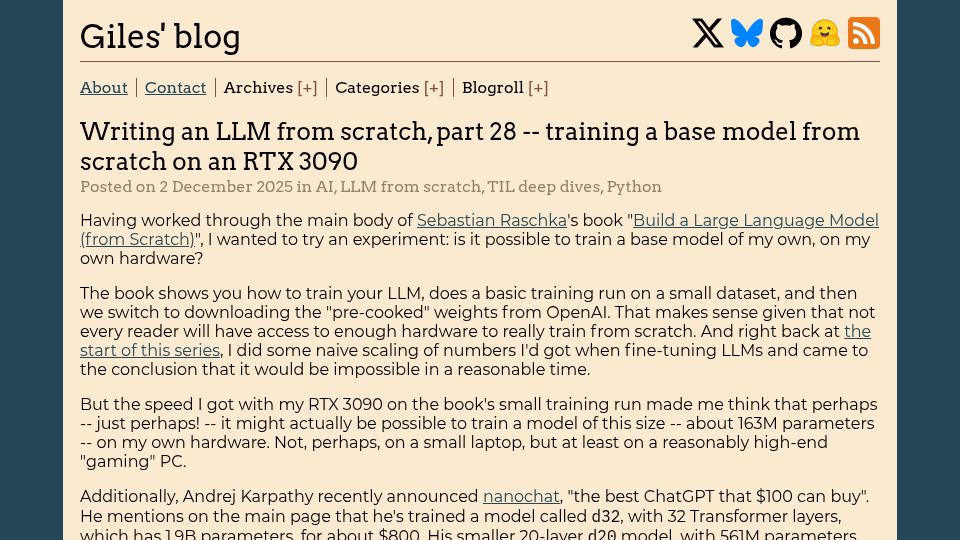 Screenshot of gilesthomas.com: LLM from scratch, part 28 – training a base model from scratch on an RTX 3090