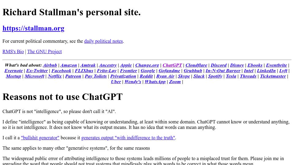 Screenshot of stallman.org: Richard Stallman on ChatGPT