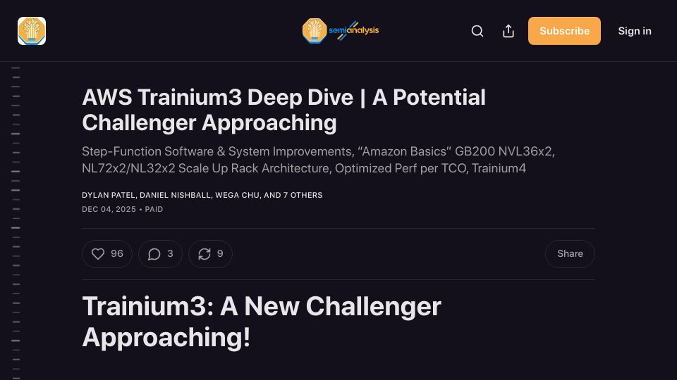 Screenshot of newsletter.semianalysis.com: AWS Trainium3 Deep Dive – A Potential Challenger Approaching