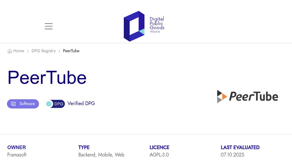 Screenshot of digitalpublicgoods.net: PeerTube is recognized as a digital public good by Digital Public Goods Alliance