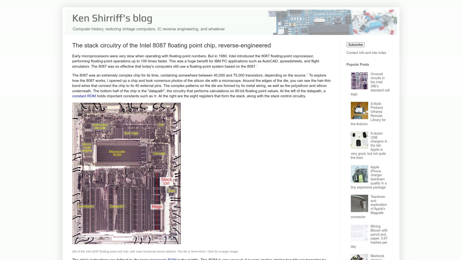 Screenshot of righto.com: The stack circuitry of the Intel 8087 floating point chip, reverse-engineered