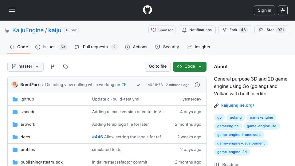 Screenshot of github.com: Kaiju – General purpose 3D/2D game engine in Go and Vulkan with built in editor