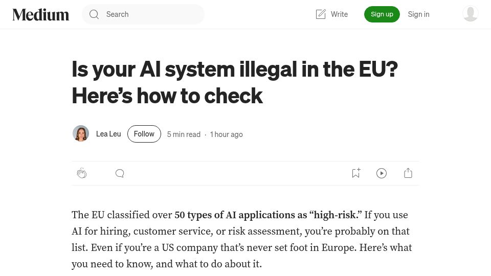 Screenshot of medium.com: Is your AI system illegal in the EU?