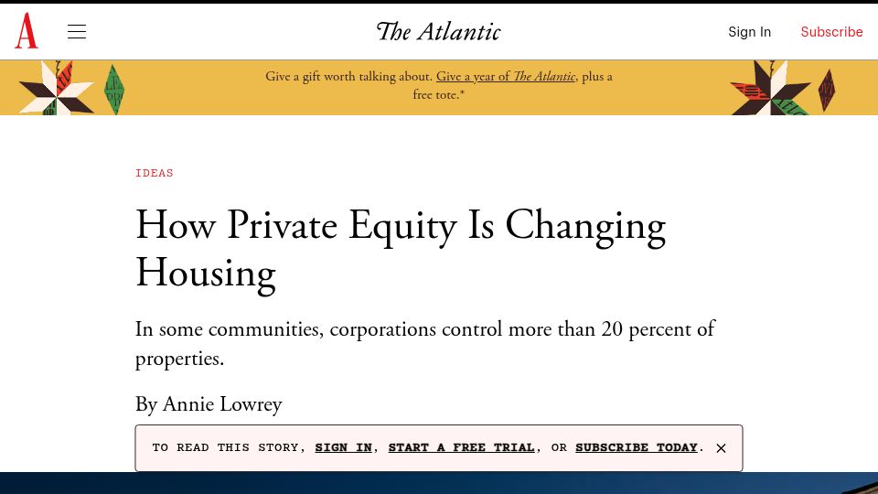Screenshot of theatlantic.com: How private equity is changing housing