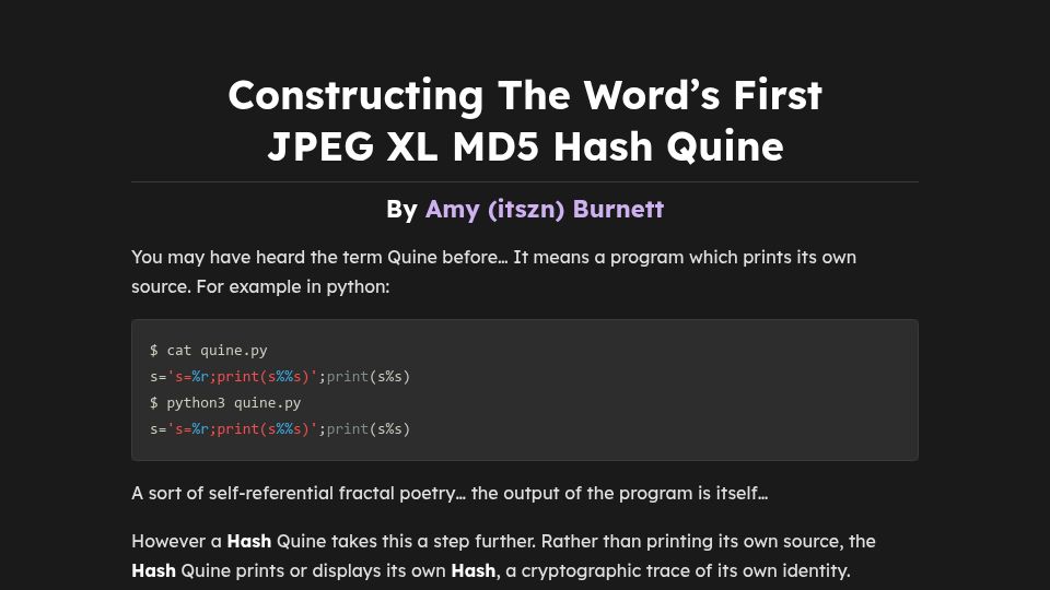Screenshot of stackchk.fail: Constructing the Word's First JPEG XL MD5 Hash Quine