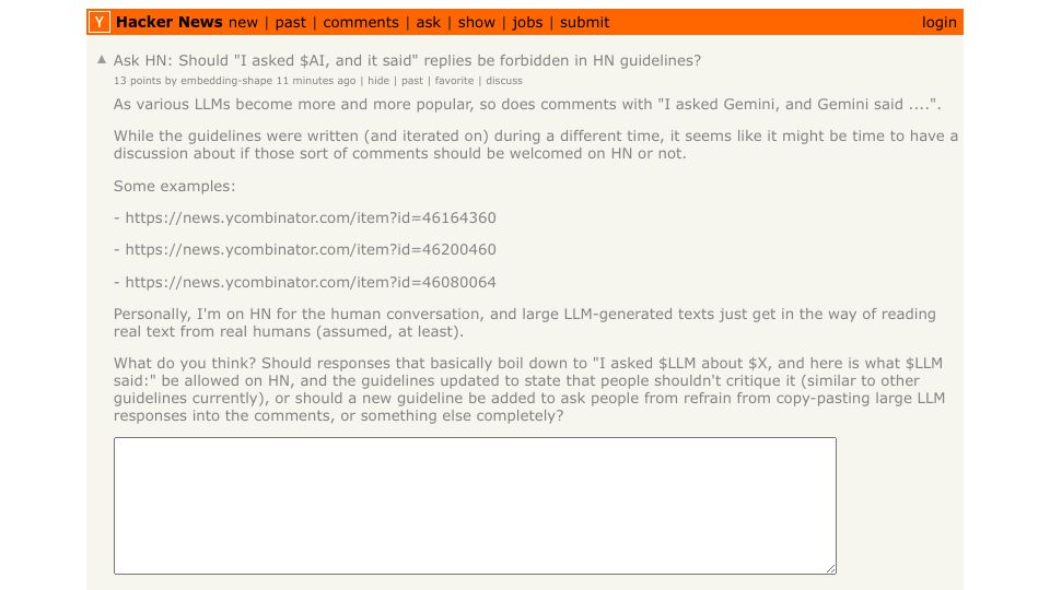 Screenshot of Hacker News post: Ask HN: Should "I asked $AI, and it said" replies be forbidden in HN guidelines?