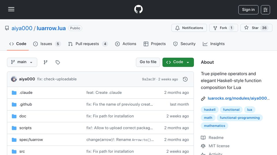 Screenshot of github.com: Luarrow – True pipeline operators and elegant Haskell-style function compositio