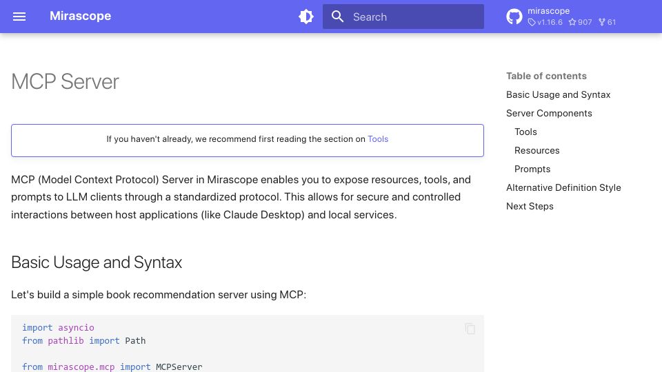 Screenshot of mirascope.com: Show HN: Simple to build MCP servers that easily connect with custom LLM calls