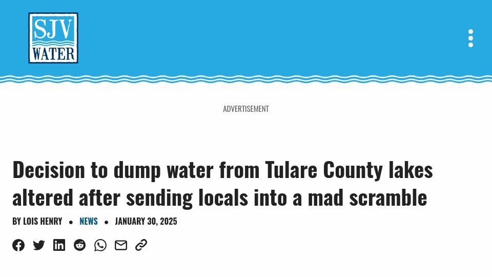 Screenshot of sjvwater.org: Decision to dump water from Tulare County lakes altered after confusing locals