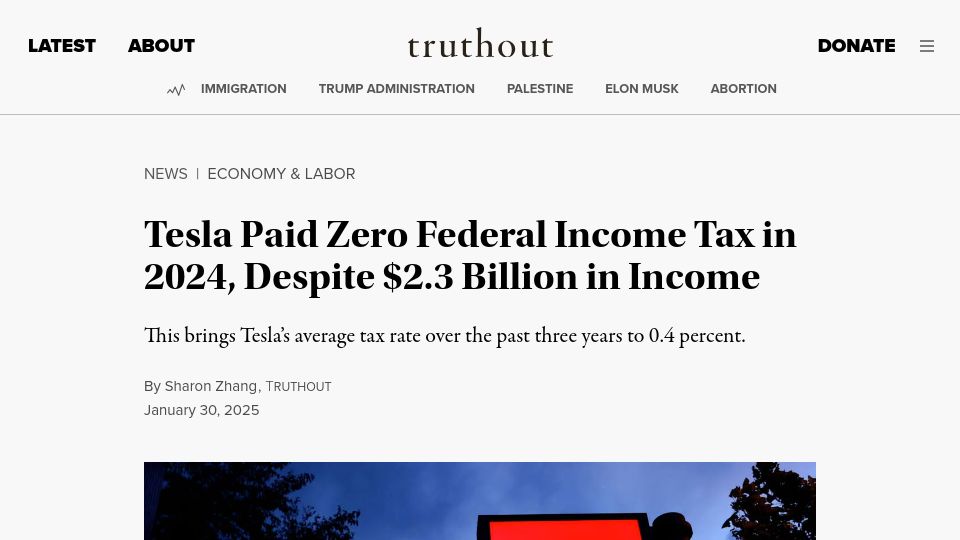 Screenshot of truthout.org: Tesla Paid Zero Federal Income Tax in 2024, Despite $2.3B in Income