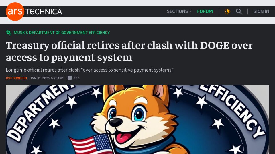 Screenshot of arstechnica.com: Treasury official retires after clash with DOGE over access to payment system