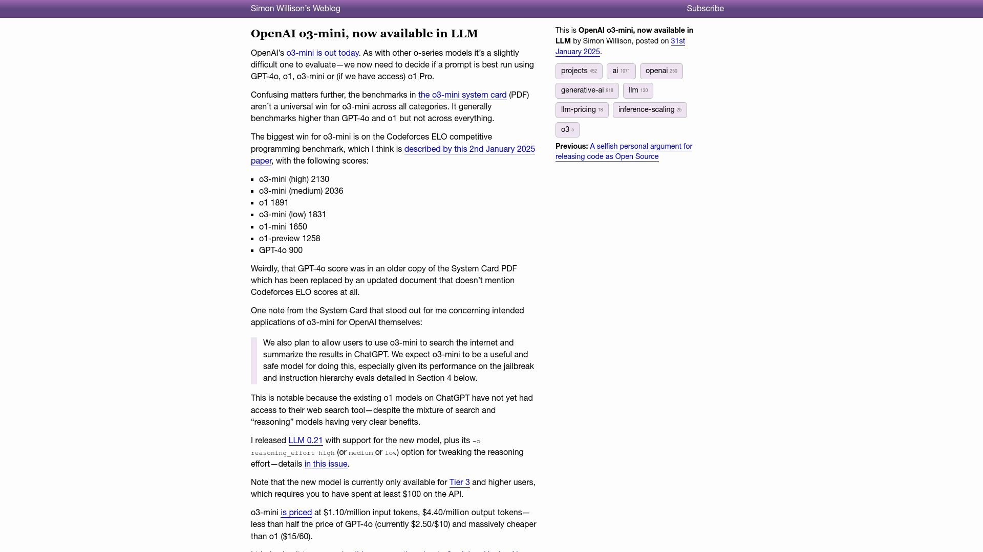 Screenshot of simonwillison.net: Notes on OpenAI O3-Mini