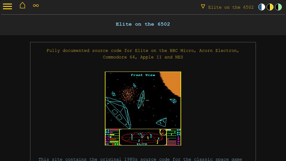 Screenshot of elite.bbcelite.com: Elite on the 6502: The original 6502 assembly source, heavily commented
