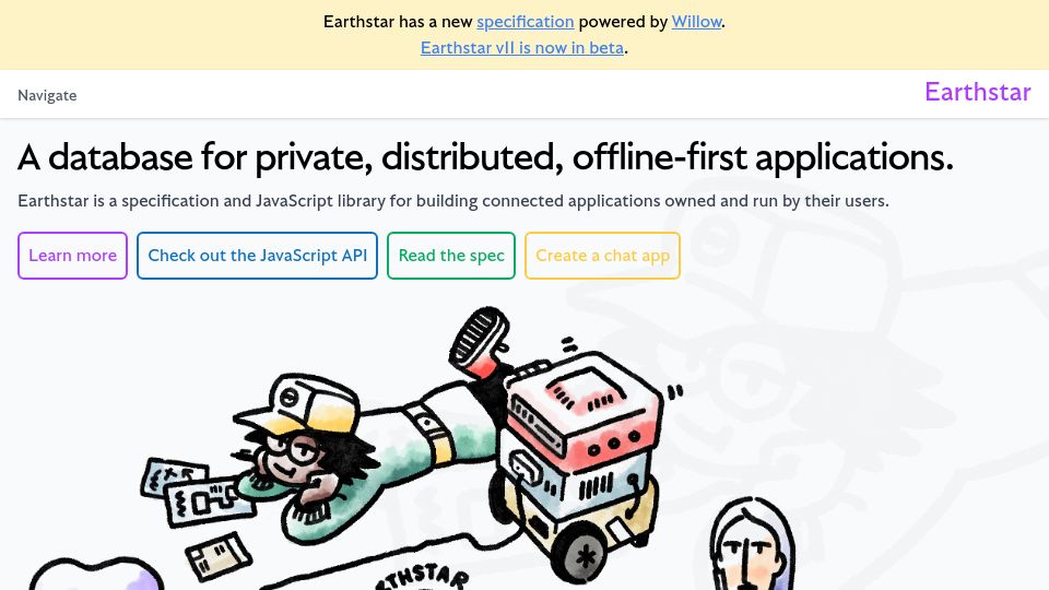 Screenshot of earthstar-project.org: Earthstar – A database for private, distributed, offline-first applications