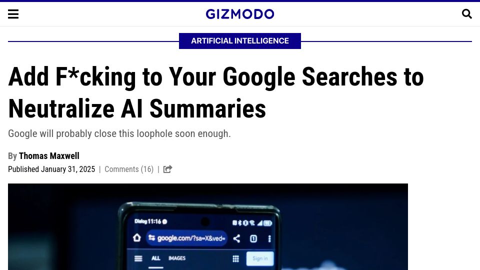 Screenshot of gizmodo.com: Add "fucking" to your Google searches to neutralize AI summaries